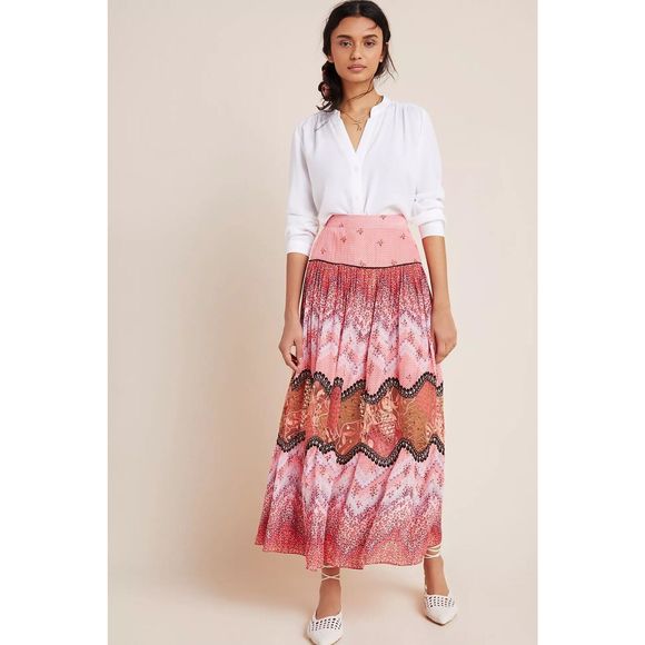 New Anthropologie x Bhanuni Jyoti Haylie Lace Maxi Skirt Pink Floral Print Sz 2
